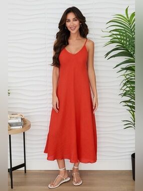 (23.2237-RED) ITALIAN LINEN MAXI V-NECK DRESS